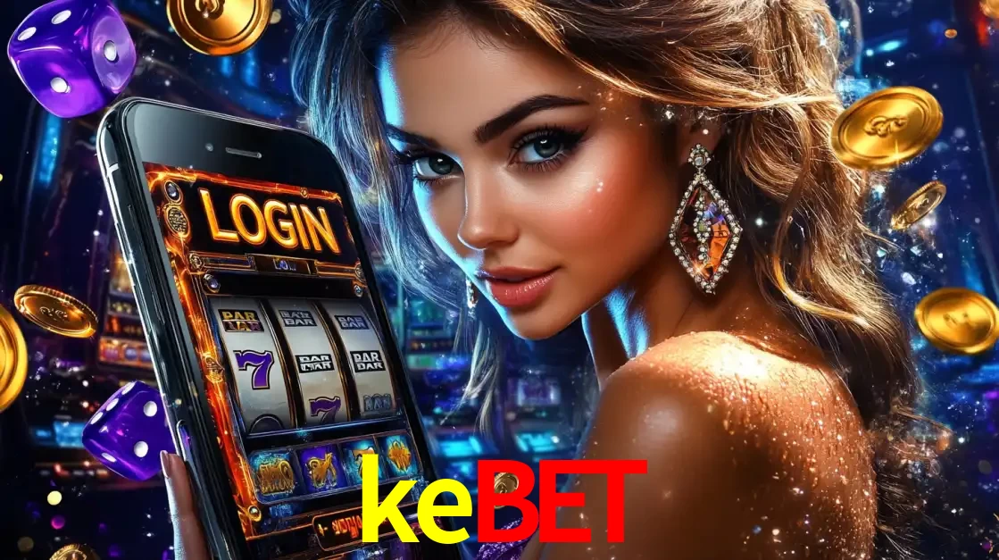 Mulher glamorosa segurando um smartphone com a tela de login para os jogos de caça-níqueis do cassino online kebet, com moedas de ouro e dados ao redor.