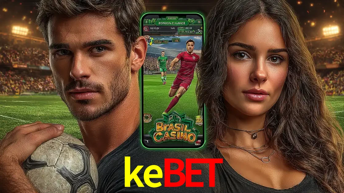 Homem segurando uma bola de futebol e uma mulher ao lado de um smartphone exibindo o jogo de apostas esportivas da kebet. Faça seu palpite no cassino online.